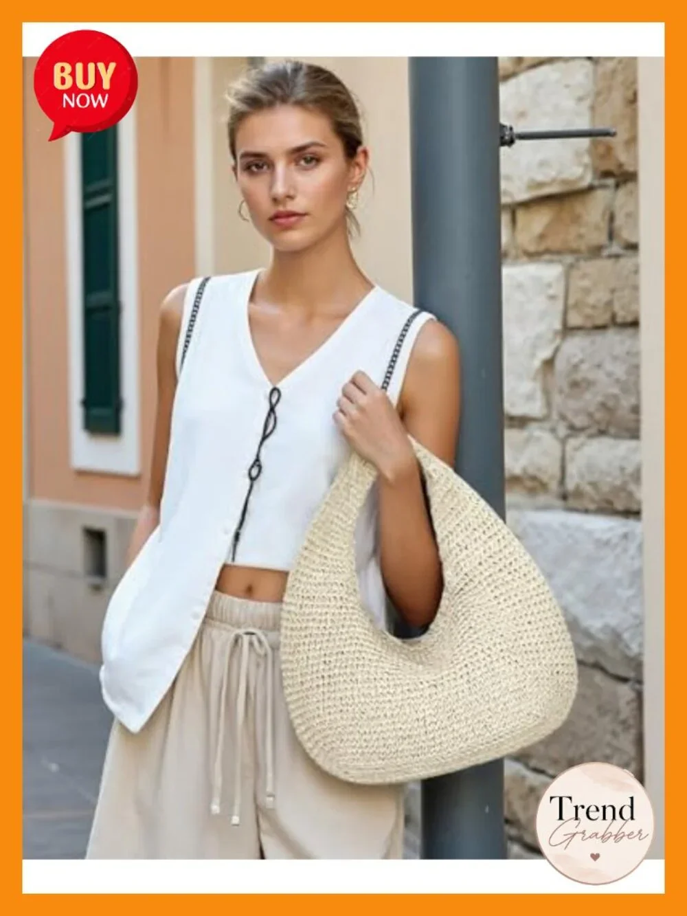 Handwoven Straw Hobo Bag with Top Zip Closure